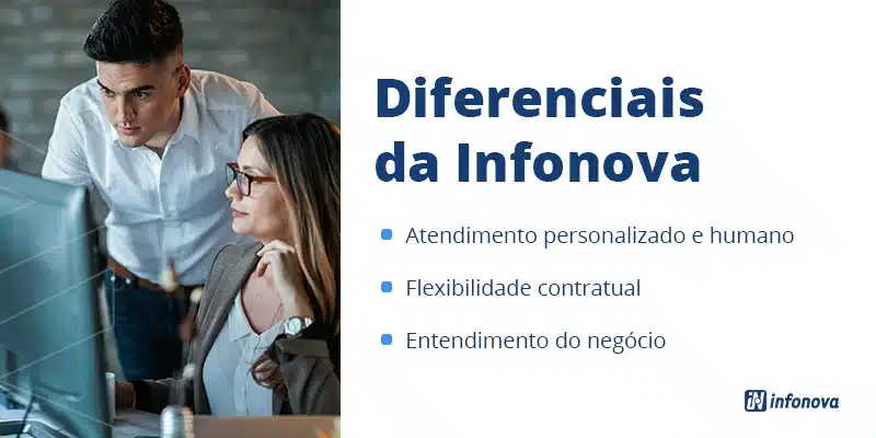 Buscando uma empresa de TI? Conheça as vantagens da Infonova 2 Diferenciais da Infonova: atendimento personalizado e humano, flexibilidade contratual e entendimento do negócio.