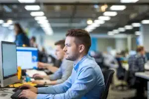 Homem trabalhando em uma empresa de TI.