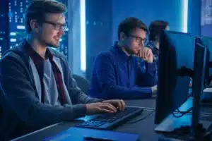 Profissionais de TI trabalhando em frente ao computador, representando o outsourcing de TI.
